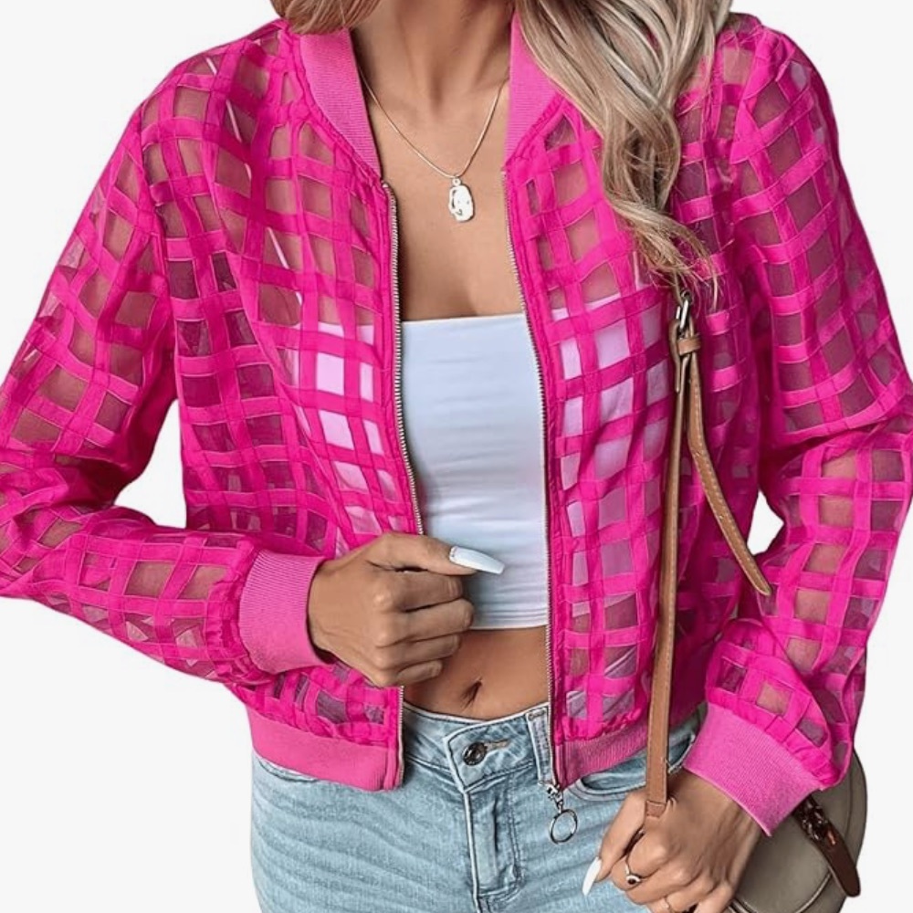 Women's Hot Pink Sheer Check Bomber Jacket